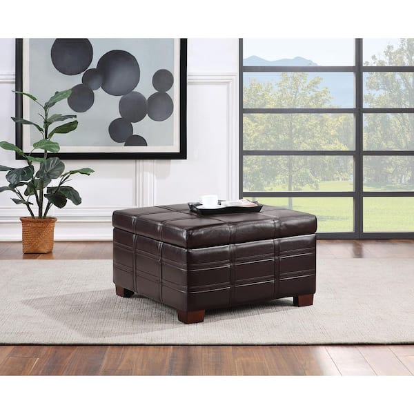 Detour Strap Square Storage Ottoman in Espresso Faux Leather
