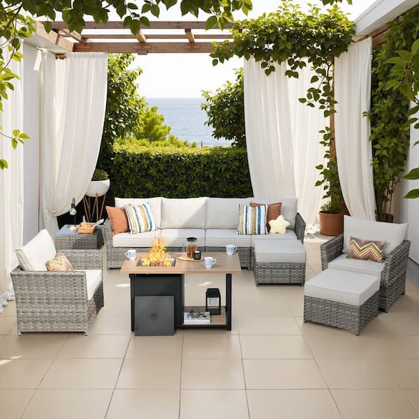 Toject Eufaula Gray 10-Piece Wicker Modern Outdoor Patio Conversation Sofa Set with a Storage Fire Pit and Beige Cushions