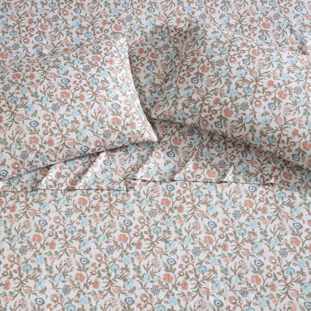 Twin Blue and Beige Floral Microfiber Bedding Set