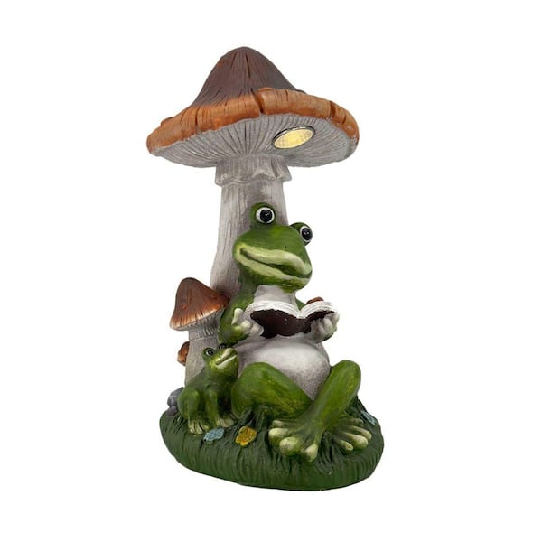 Galt International 14 in. Reading Frog Mushroom Solar LED Statue