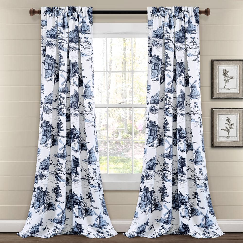 White and Blue Polyester Room Darkening Rod Pocket Curtain Panels