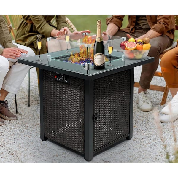 Runesay Black 28 in. Propane Fire Pit Table 50000 BTU Gas Firepits Tempered Glass Tabletop with Glass Windscreen Protector