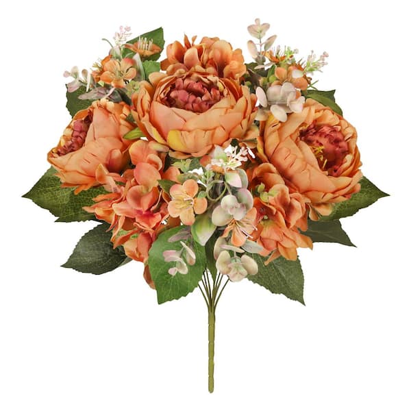 LIVING LUXURY 17 in. Dusty Orange Artificial Mixed Peony Hydrangea Blossom Flower Stem Bush Bouquet (Set of 2)