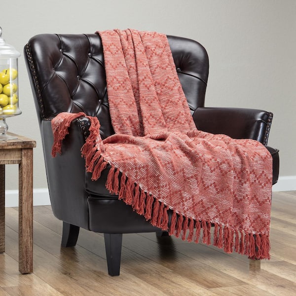 CHANASYA Rustic Rust Modern Diamond Cotton Throw Blanket with Tassels - 50 in. x 65 in.