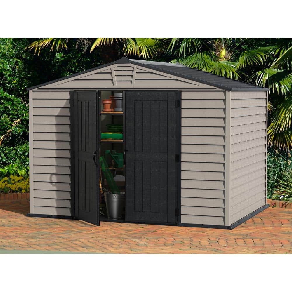 Gray 8' x 10' Vinyl Storage Shed with Shelving and Windows