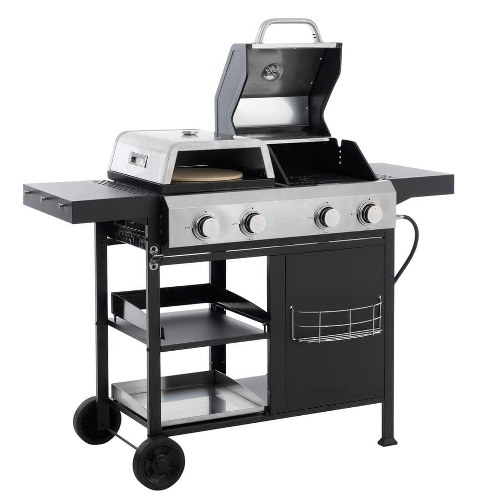 FIROMO 2-Plus 2-Burner Built-In Propane Gas Grill in Black and Silver and Pizza Oven Combo with Thermometer and Condiment Rack