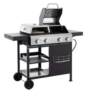 2-Plus 2-Burner Built-In Propane Gas Grill in Black and Silver and Pizza Oven Combo with Thermometer and Condiment Rack
