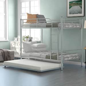 Detachable Silver Twin over Twin Metal Bunk Bed with Trundle, Built-in Ladder and Full-Length Guardrails for Upper Bed