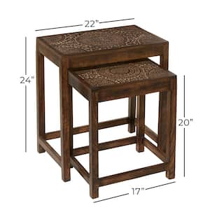 14 in. Brown Handmade Intricately Carved Floral Large Rectangle Wood End Accent Table (2- Pieces)