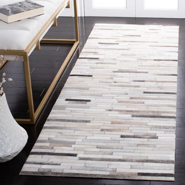 Studio Leather Ivory Grey 2 ft. x 7 ft. Striped Runner Rug