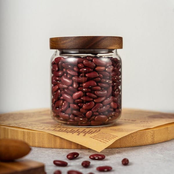 2-Piece Glass Storage Jars Set with Airtight Wooden Lids for Coffee Beans Rice Sugar Pantry Organization 500ml
