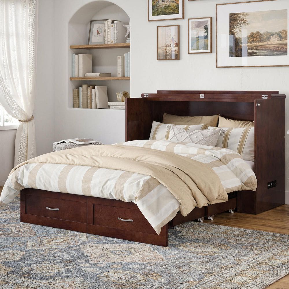 Walnut Full Murphy Bed Chest with Upholstered Wood Frame and Drawer