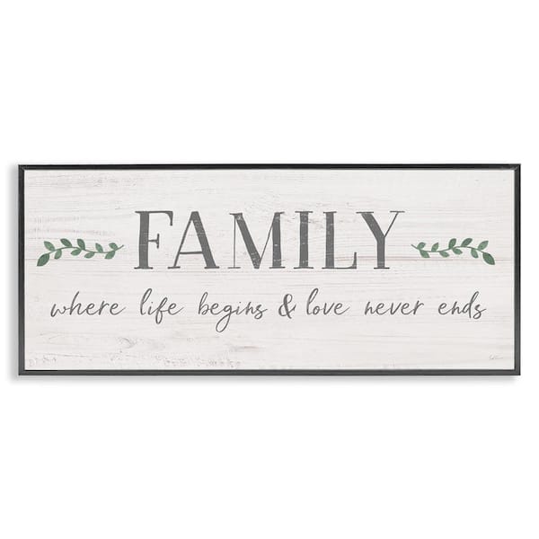 Love Never Ends Family Phrase by Natalie Carpentieri Black Framed Giclee Art Print Typography 10 in. x 24 in.