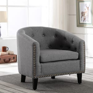 Gray Linen Fabric Tufted Armchair, Barrel Chair with Rubber Wood Legs, Nailhead Trim