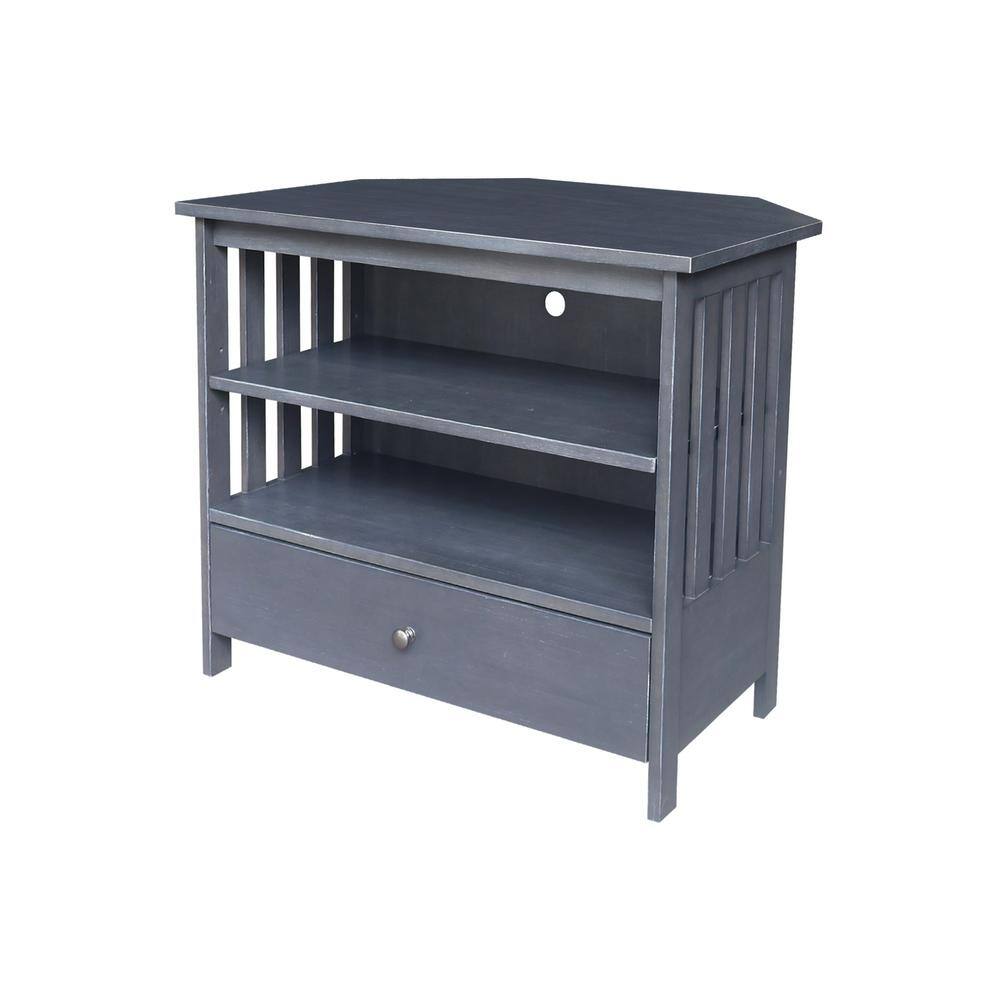 Heather Gray Solid Wood Corner TV Stand with Cabinet and Shelves