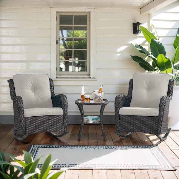 Opohoro ArcoBay 3-Piece Brown Wicker Outdoor Rocking Chairs Patio Conversation Set with Beige Cushions and Side Table