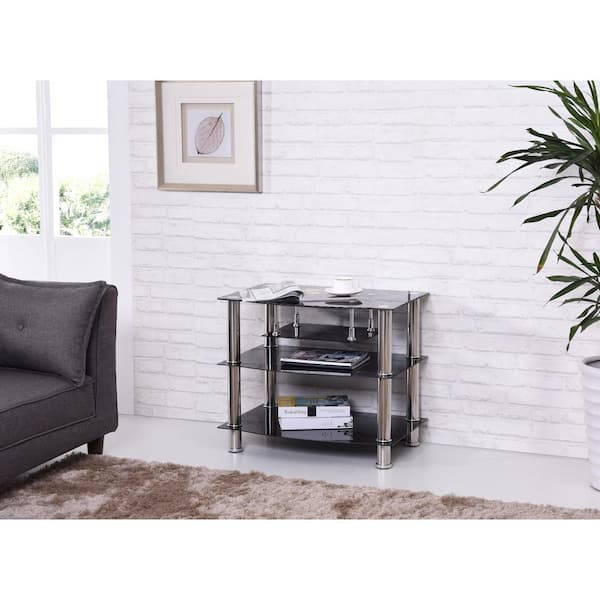 HODEDAH 28 in. Black Glass TV Stand Fits TVs Up to 42 in. with Built-In Storage