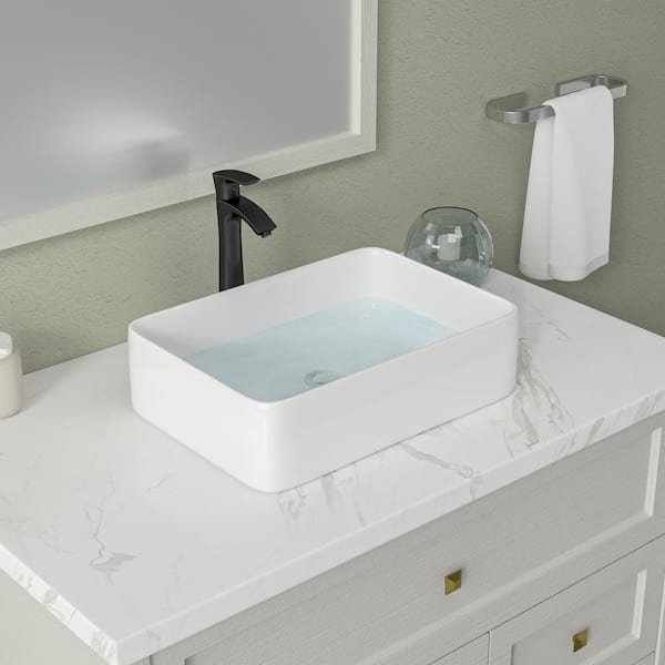 Sarlai Bathroom Gloss White Rectangular Vessel Sink Art Basin with Faucet in Matte Black