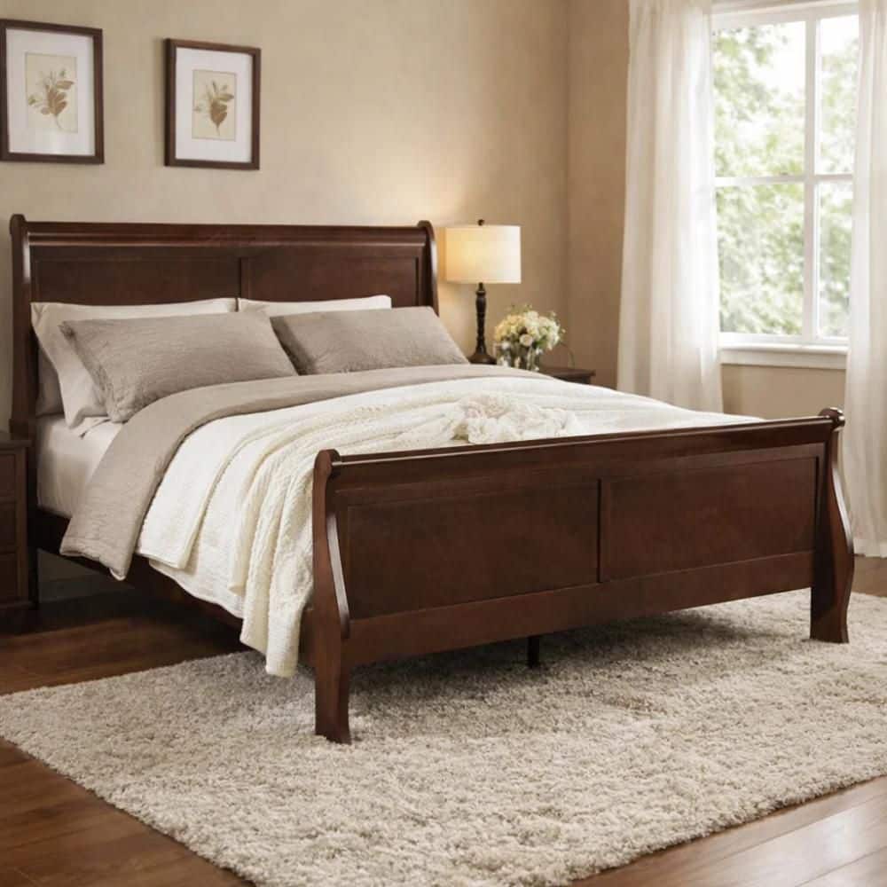 Benjara Ryla Dark Cherry Brown Queen Wood Frame Sleigh Bed with