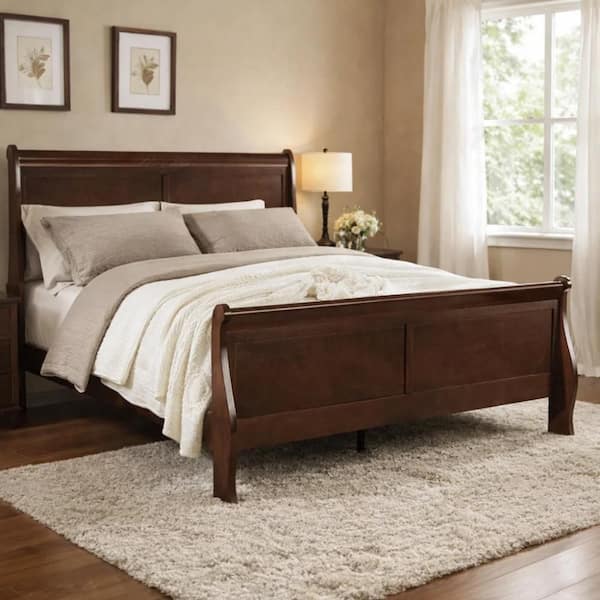 Ryla Dark Cherry Brown Queen Wood Frame Sleigh Bed with Panel Headboard