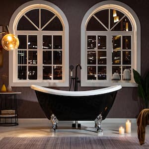 Eurek 59" Heavy Duty Acrylic Double Slipper Clawfoot Bath Tub in Black,Claw Feet,Drain and Overflow in Chrome