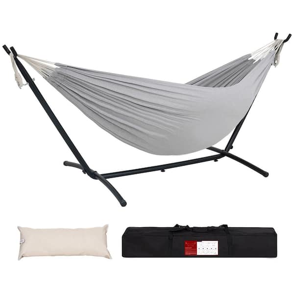 9 ft. Fabric Double Hammock with Steel Stand, Portable Carrying Case and Pillow, 450 lbs. Capacity, Light Grey