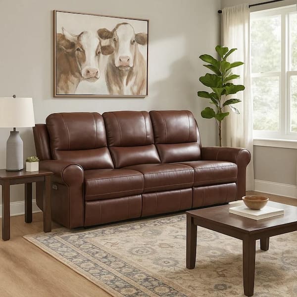 Benjara 81.5 in. Rolled Arm Leather Rectangle USB Recliner Sofa in Brown