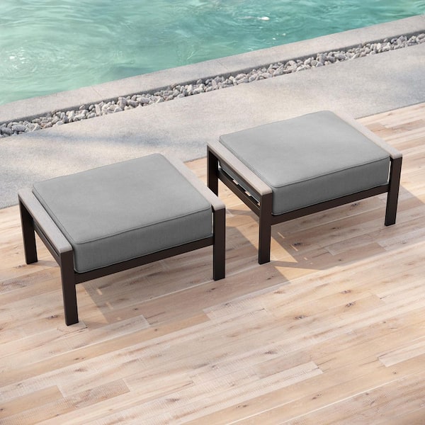 Gray Wicker Outdoor Ottoman with Solution-Dyed Fabric Gray Cushion 2-Pack