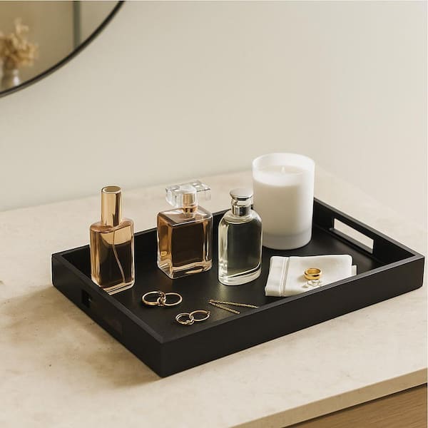 Black Rectangular Wood Glass 17.75 in. Decorative Serving Tray