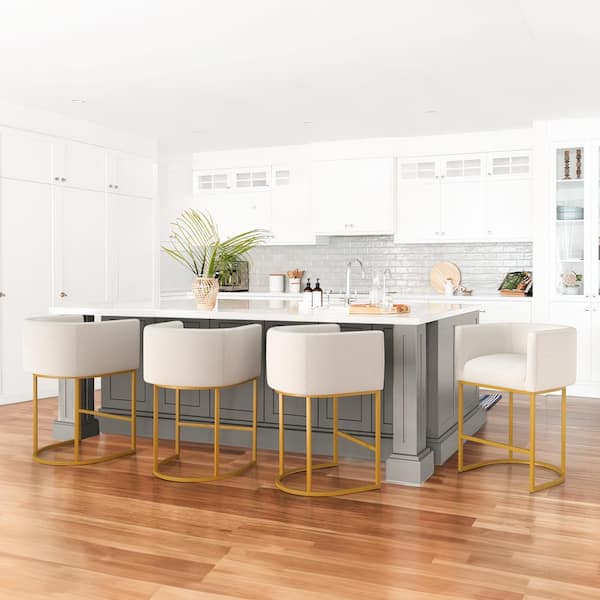 LUE BONA Jessica 26 in.Beige Modern Counter Bar Stool Fabric Upholstered Barrel Counter Stool with Gold Metal Frame 4-pack