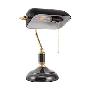 15 in. Black Glass Task and Reading Lamp with Gold Trim and Pull Chain Switch Adjustable Desk Light for Office Library