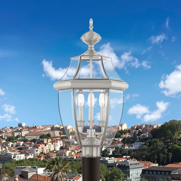 Aston 23.5 in. 3-Light Brushed Nickel Cast Brass Hardwired Outdoor Rust Resistant Post Light with No Bulbs Included