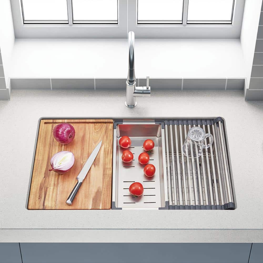 304 Stainless Steel 32 in. Single Bowl Undermount Workstation Kitchen Sink with Grid Board Colander Drying Rack