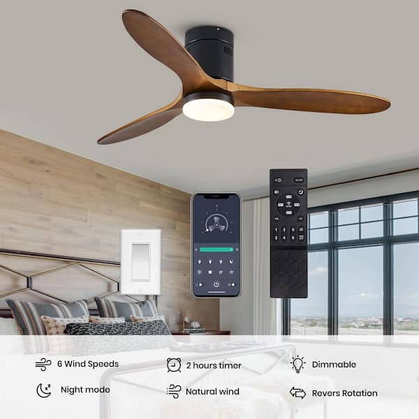 52 in. Indoor Black Brown Smart Flush Mount Standard Ceiling Fan with Dimmable Integrated LED, Remote and 3-Wood Blades