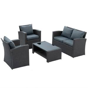 Dark Gray 4-Piece Wicker Outdoor Patio Conversation Set with Dark Gray Cushions and Black Tempered Glass Coffee Table