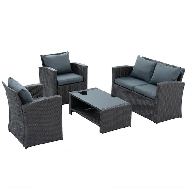Unbranded Dark Gray 4-Piece Wicker Outdoor Patio Conversation Set with Dark Gray Cushions and Black Tempered Glass Coffee Table
