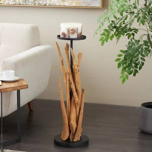 Brown Teak Wood Handmade Tall Tree Branch Floor Candle Holder with Black Metal Accents