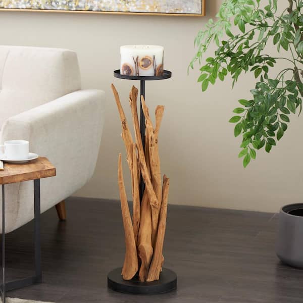 Litton Lane Brown Teak Wood Handmade Tall Tree Branch Floor Candle Holder with Black Metal Accents