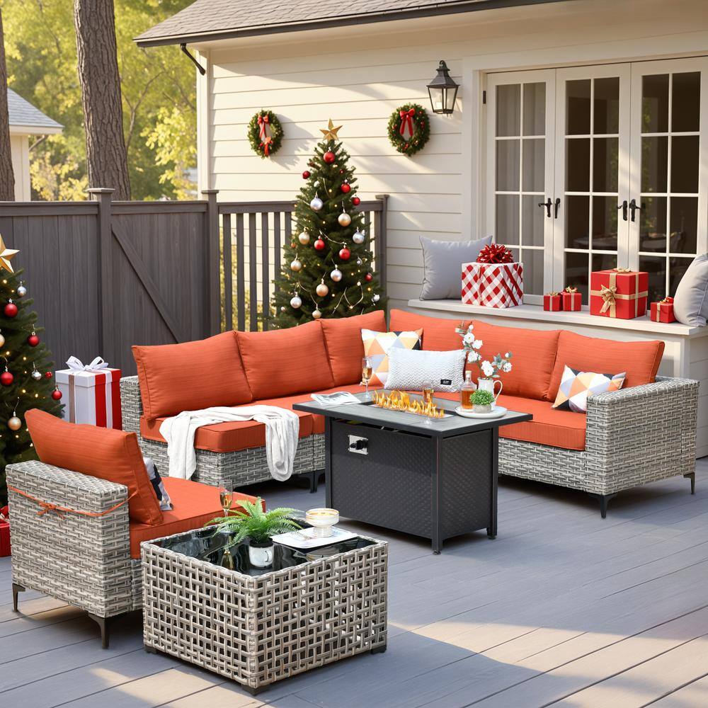 Howell 8-Piece Wicker Outdoor Patio Conversation Sofa Furniture Set with a Metal Fire Pit and Orange Red Cushions price history on PriceWatchPro