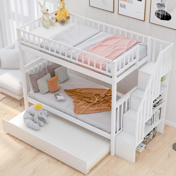 White Twin Over Twin Bunk Bed with Trundle and Storage Shelves