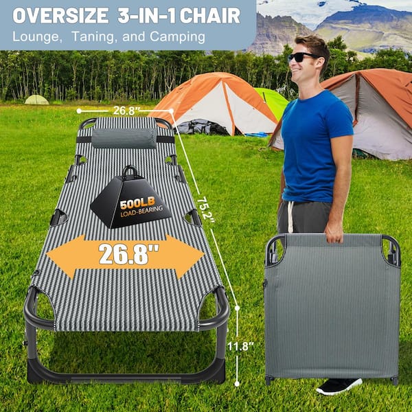 Folding Camping Cot for Adults, Adjustable 4-Position Reclining Folding Chaise Lounge Chair, Gray&Black