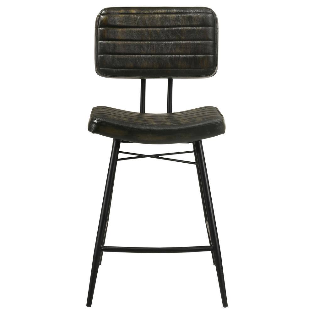 Dark Brown Leather and Wood Saddle Counter Stools, Set of 2