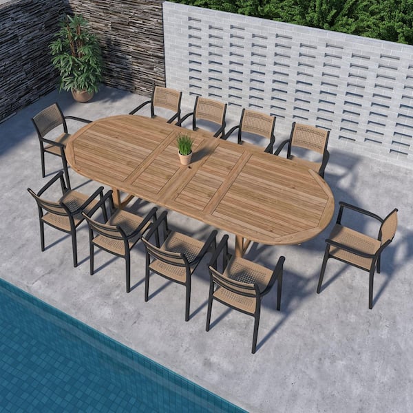 Kaiji 11-Piece Solid Teak Wood 100% FSC Oval Patio Dining Set Black