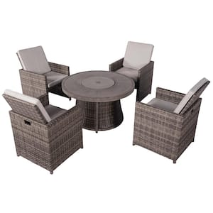 Logan Holland 5-Piece Wicker Patio Conversation Set with Fire Pit and Gray Cushions
