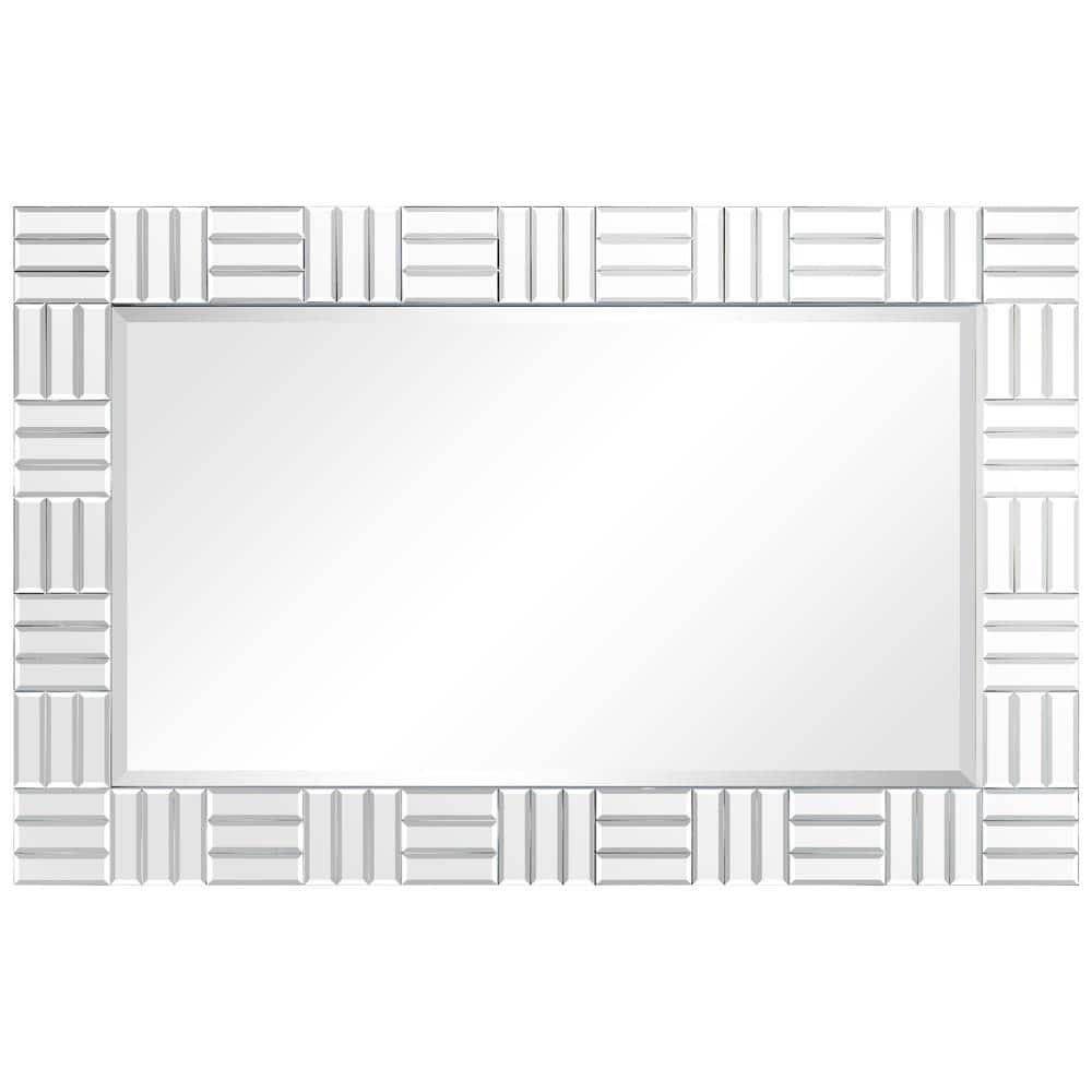 Chrome Subway Tile Rectangular Beveled Wall Mirror with Fir Wood Frame