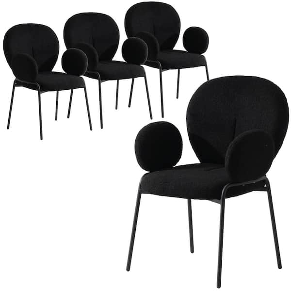Leisuremod Celestial Modern Boucle Dining Chair Upholstered Seat and Back with Arms and Black Iron Frame Set of 4, Black