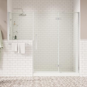 Tampa 82 1/8 in. W x 72 in. H Pivot Frameless Shower Door in Chrome with Buttress Panel and Shelves