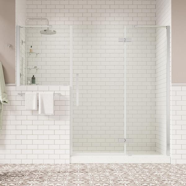 OVE Decors Tampa 82 1/8 in. W x 72 in. H Pivot Frameless Shower Door in Chrome with Buttress Panel and Shelves