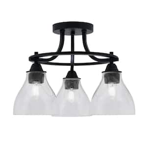 Madison 15.25 in. 3-Light Matte Black Semi-Flush Mount with Clear Bubble Glass Shade