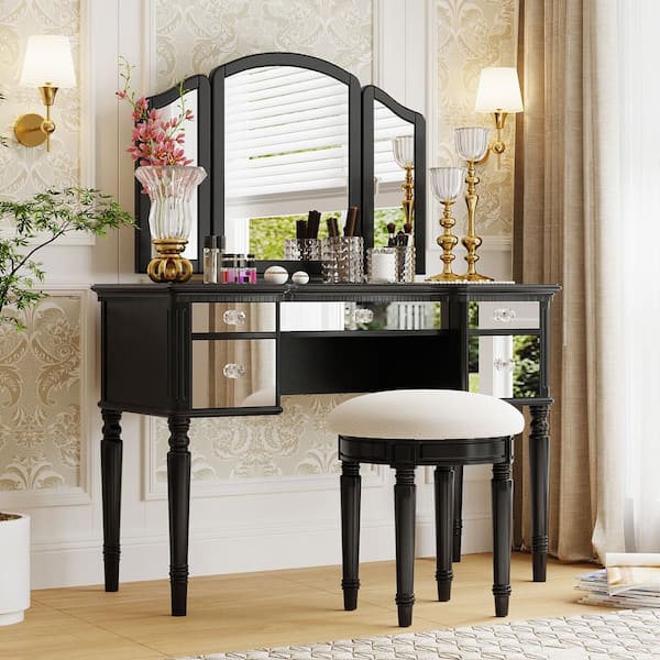 Polibi 5-Drawers Black Wooden Makeup Vanity Table with Tri-fold Mirror and Stool